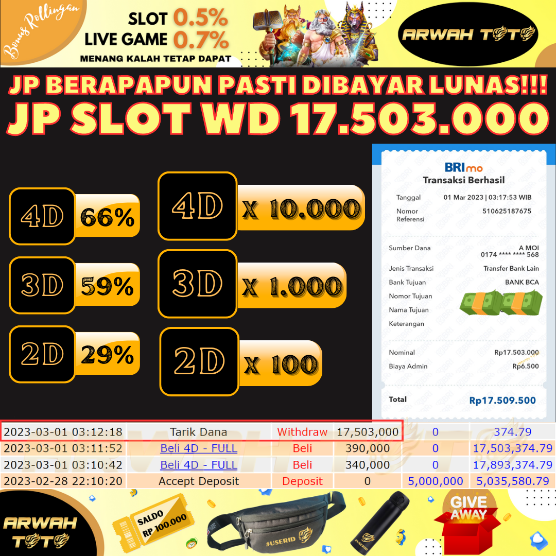 Bukti Pembayaran JP ARWAH TOTO LUNAS Jackpot SLOT Withdraw Berhasil Rp 17.503.000