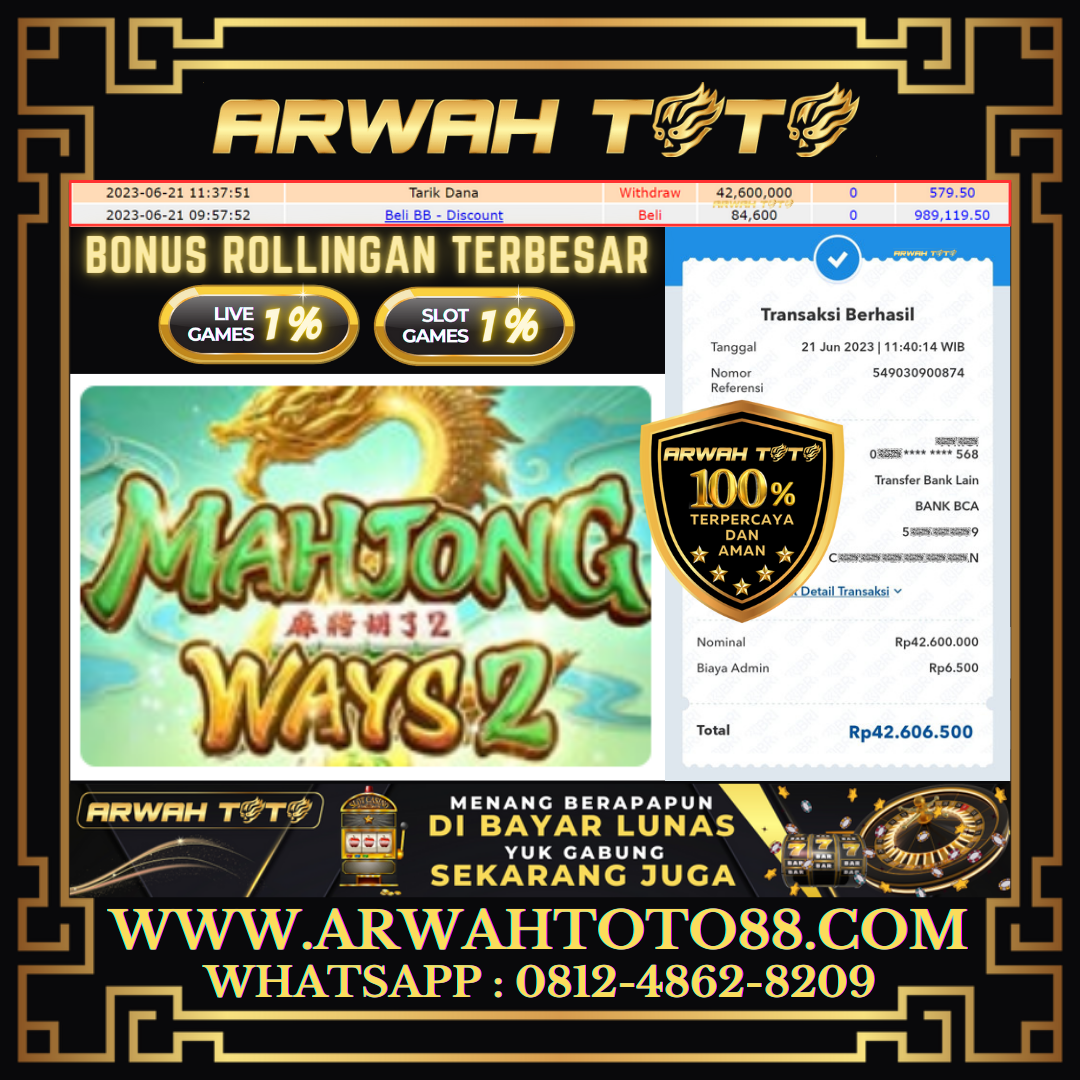 Bukti Pembayaran JP ARWAH TOTO LUNAS Jackpot SLOT Withdraw Berhasil Rp 42.000.000