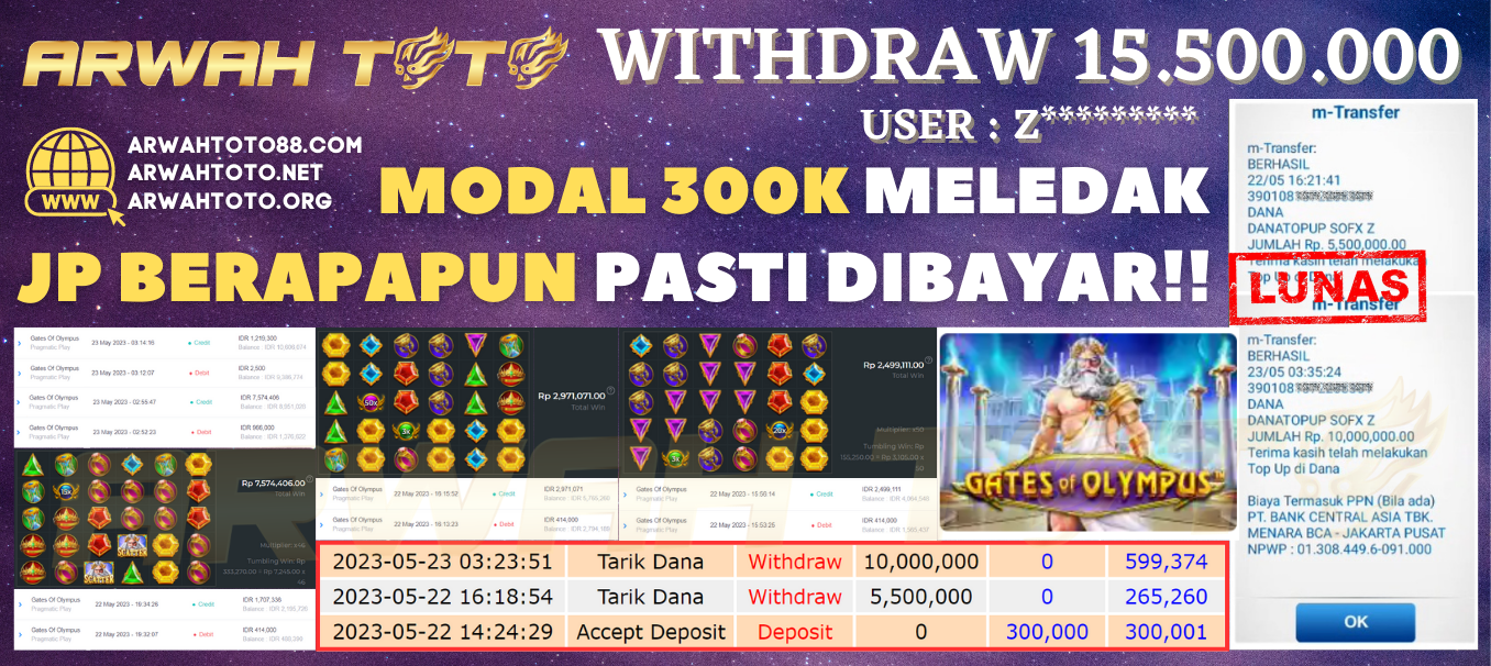 Bukti Pembayaran JP ARWAH TOTO LUNAS Jackpot SLOT Withdraw Berhasil Rp 15.500.000