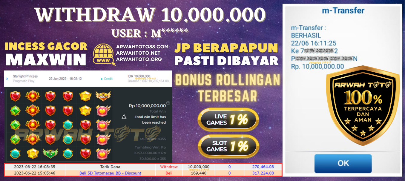 Bukti Pembayaran JP ARWAH TOTO LUNAS Jackpot SLOT Withdraw Berhasil Rp 10.000.000