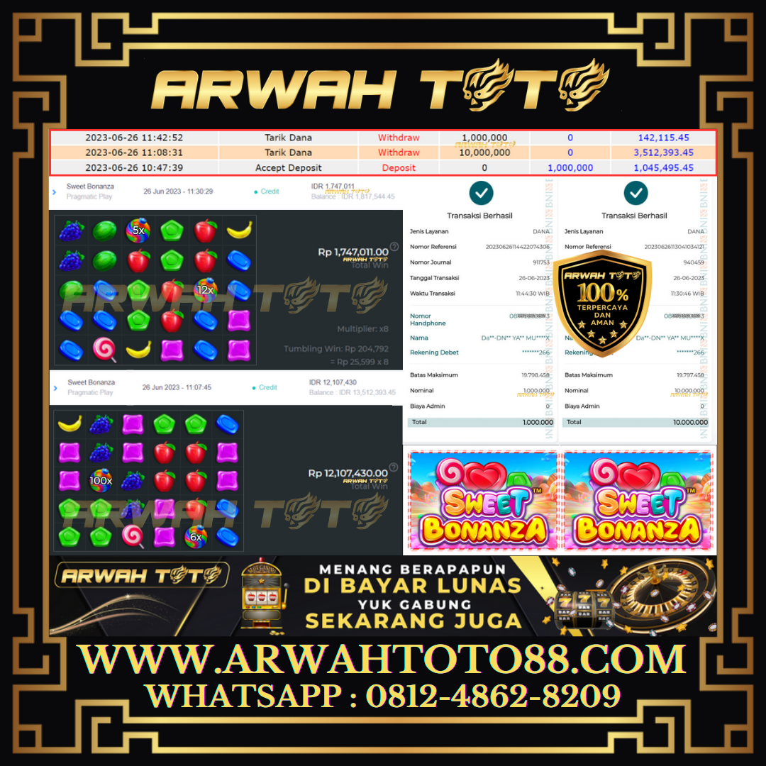 Bukti Pembayaran JP ARWAH TOTO LUNAS Jackpot SLOT Withdraw Berhasil Rp 11.000.000