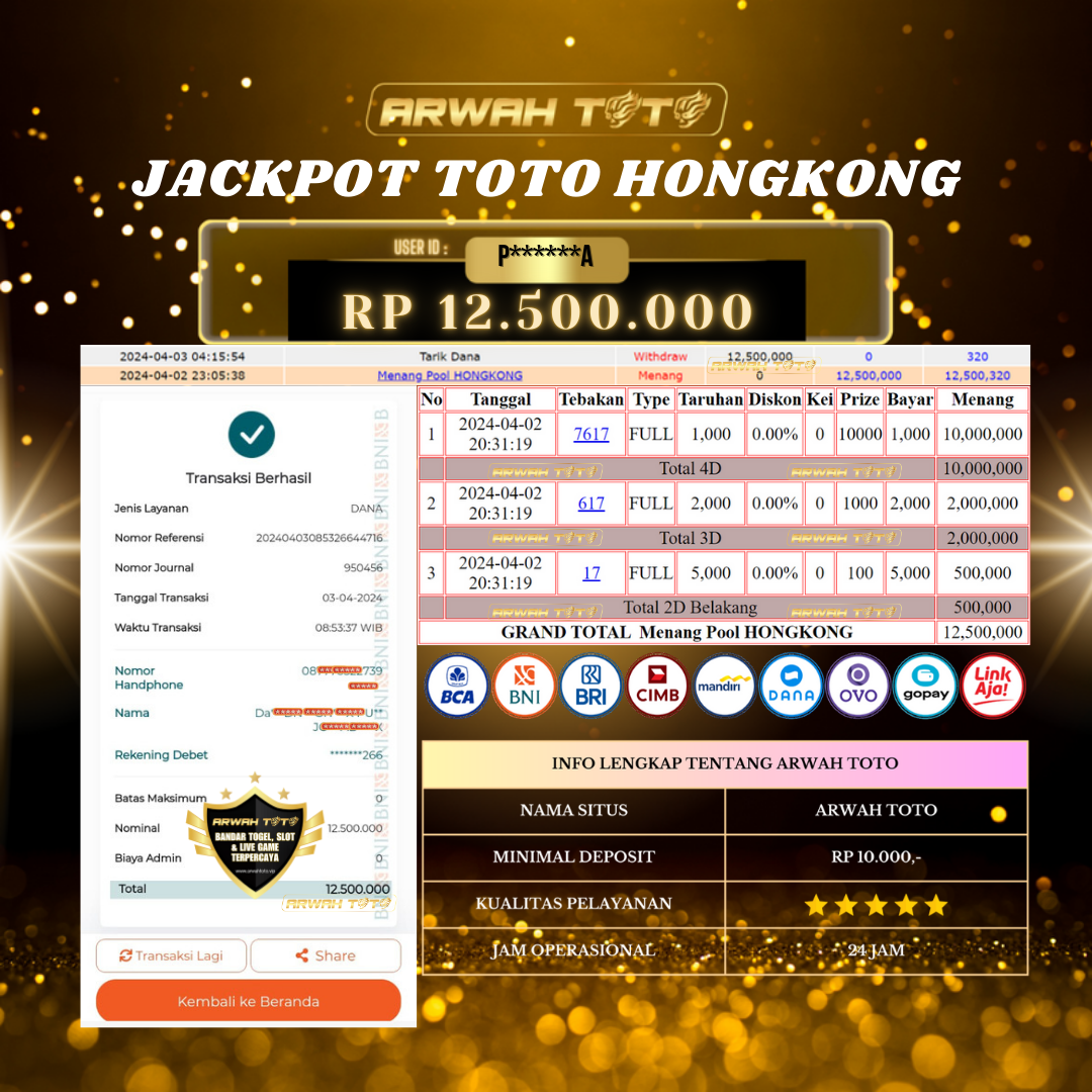 ARWAH TOTO JP BAYAR LUNAS Jackpot TOTO HONGKONG Withdraw Berhasil Rp 12.500.000