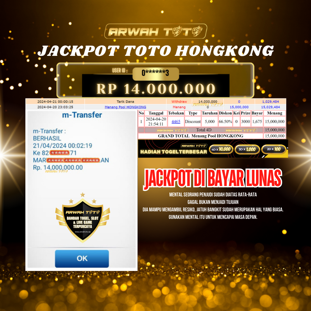 ARWAH TOTO JP BAYAR LUNAS Jackpot TOTO HONGKONG Withdraw Berhasil Rp 14.000.000