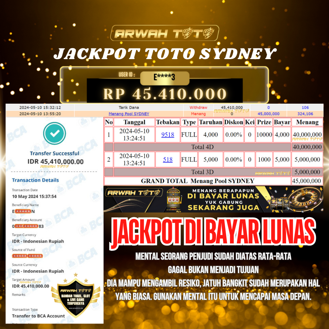 ARWAH TOTO JP BAYAR LUNAS Jackpot TOTO SYDNEY Withdraw Berhasil Rp 45.410.000