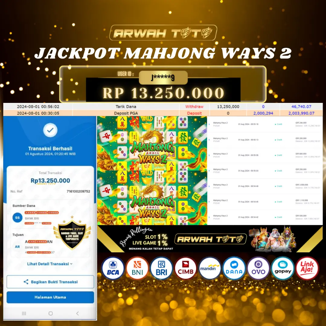 ARWAH TOTO JP DIBAYAR LUNAS Jackpot SLOT GAMES Withdraw Berhasil Rp 13.250.000