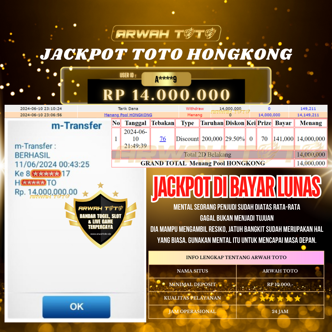 ARWAH TOTO JP BAYAR LUNAS Jackpot TOTO HONGKONG Withdraw Berhasil Rp 14.000.000