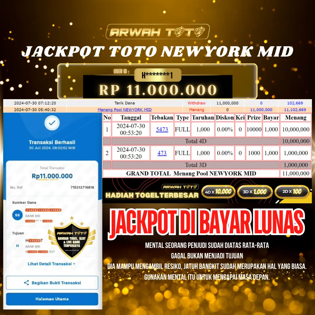 ARWAH TOTO JP BAYAR LUNAS Jackpot TOTO NEWYORK MIID Withdraw Berhasil Rp 11.000.000