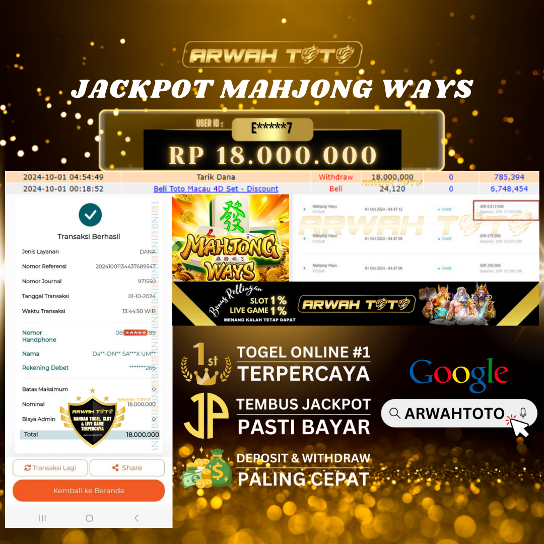 ARWAH TOTO JP DIBAYAR LUNAS Jackpot SLOT GAMES Withdraw Berhasil Rp 18.000.000