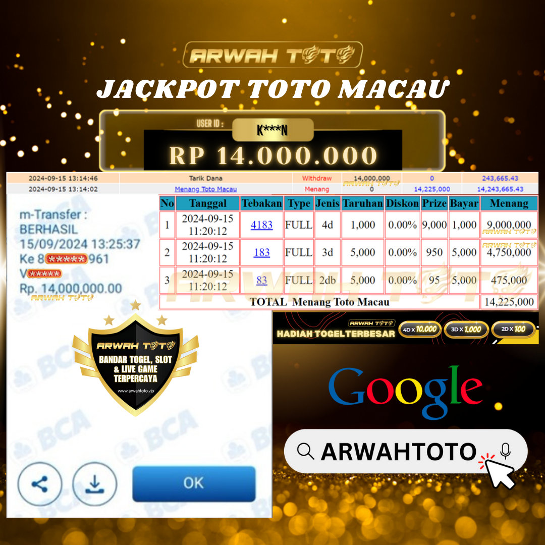 ARWAH TOTO JP BAYAR LUNAS Jackpot TOTO MACAU Withdraw Berhasil Rp 14.000.000